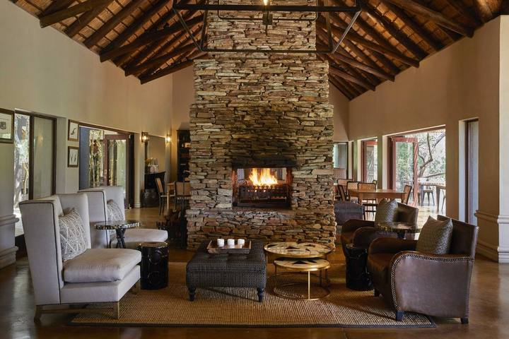 Lounge fireplace, Lion Sands Tinga Lodge